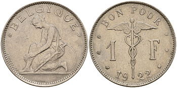 Бельгия 1 франк 1922 Belgique, Альберт I (1910-1934) KM 89 никель 4161-1212