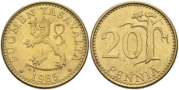 ФИНЛЯНДИЯ 20 ПЕННИ 1985 N KM 47 алюминиевая бронза 4563-336