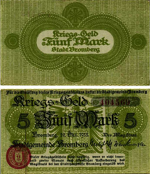 БРОМБЕРГ, ПОЛЬША 5 МАРОК 1918 НОТГЕЛЬД, ГДАНЬСКАЯ ПРОВИНЦИЯ ЗАПАДНОЙ ПРУССИИ, 20 ОКТЯБРЯ 1918, БЫДГОШ, КУЯВСКО-ПОМОРСКОГО ВОЕВОДСТВА ARNOLD KELLER 070. 01а бумага UNC (ПРЕСС) 7487-50-1-2