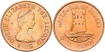 Джерси 1 пенни 1985 башня Святого Клемена KM 54 бронза UNC 4582-157