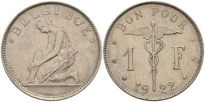 Бельгия 1 франк 1922 Belgique, Альберт I (1910-1934) KM 89 никель 4161-1212