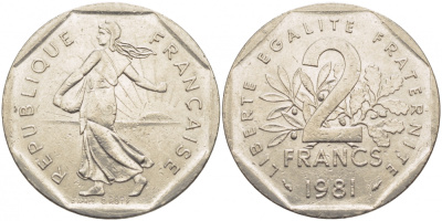 ФРАНЦИЯ 2 ФРАНКА 1981 СЕЯТЕЛЬ KM 942.1, LE FRANC 272.5 никель 175-1032
