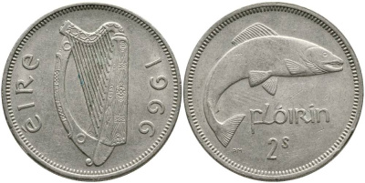 ИРЛАНДИЯ 1 ФЛОРИН = 2 ШИЛЛИНГА 1966 ЛОСОСЬ KM 15а медно-никель 4531-832