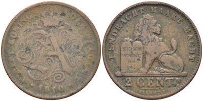 БЕЛЬГИЯ 2 САНТИМА 1910 BELGEN, АЛЬБЕРТ I (1909-1934) KM 65 медь 119-324