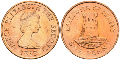 Джерси 1 пенни 1985 башня Святого Клемена KM 54 бронза UNC 4582-157