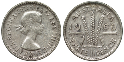Австралия 3 пенса 1960 m, Елизавета II (1952-2022) KM 57 серебро 71-662