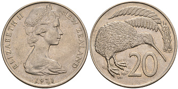 Новая Зеландия 20 центов 1971 Елизавета II (1952-2022), птичка киви KM 36.1 медно-никель  4599-1012