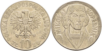 Польша 10 злотых 1968 MW, Николай Коперник KM 51а медно-никель 4542-734