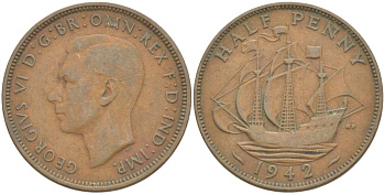 Великобритания 1/2 пенни 1942 Георг VI (1936-1952) KM 844, Spink 4115 бронза 4538-224