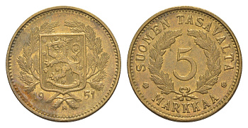 Финляндия 5 марок 1951 KM 31a латунь aUNC 4648-624