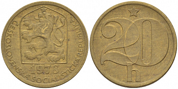 ЧЕХОСЛОВАКИЯ 20 ГЕЛЛЕРОВ 1978 KM 74 латунь 3309-664