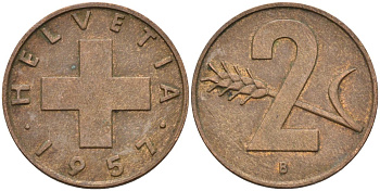 Швейцария 2 раппена 1957 В KM 47 бронза 4591-1157