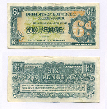 АНГЛИЯ 6 ПЕНСОВ 1948 ВТОРАЯ СЕРИЯ, ДЛЯ ВООРУЖЕННЫХ СИЛ Pick М17а бумага 6318-2-1-1