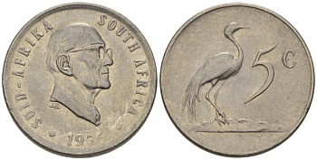 ЮАР 5 ЦЕНТОВ 1976 ПРЕЗИДЕНТ ЯКОБУС ЙОХАННЕС ФУШЕ, РАЙСКИЙ ЖУРАВЛЬ KM 93 никель 66-323