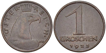 АВСТРИЯ 1 ГРОШ 1925 ДОВОЕННАЯ ДЕСЯТИЧНАЯ ЧЕКАНКА KM 2836 бронза 201-151