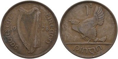 Ирландия 1 пенни 1928 курица с цыплятами KM 3 бронза 4144-1126