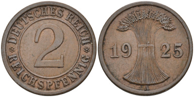 Германия 2 рейхспфеннига 1925 A KM 38, J.314 бронза 4594-849