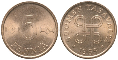 ФИНЛЯНДИЯ 5 ПЕННИ 1965 KM 45 медь 100-963