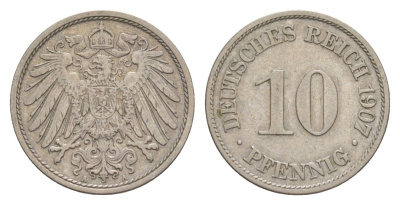 Германия 10 пфеннигов 1907 A, Вильгельм II (1888-1918) KM 12, J. 13 медно-никель 4640-268