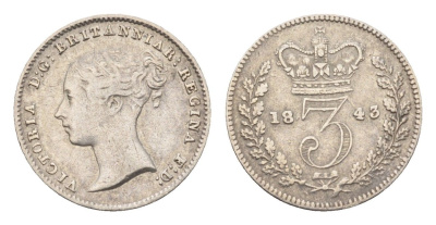 Великобритания 3 пенса 1843 Виктория (1837-1901) KM 730, Spink 3914 серебро 603-1533