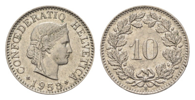 Швейцария 10 раппенов 1958 KM 27 медно-никель 4685-247