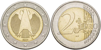 ГЕРМАНИЯ 2 ЕВРО 2002 G KM 214 биметалл 210-551