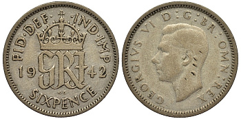 Великобритания 6 пенсов 1942 Георг VI (1936-1952) KM 852, Spink 4084 серебро 4538-454