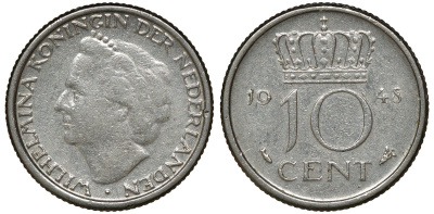 НИДЕРЛАНДЫ 10 ЦЕНТОВ 1948 ВИЛЬГЕЛЬМИНА KM 100 медно-никель 72-1124