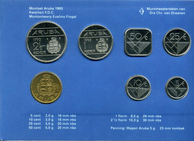 Аруба официальный набор из 6 монет 1993 в оригинальном буклете, с жетоном монетного двора KM MS8 UNC 2-5-2-37