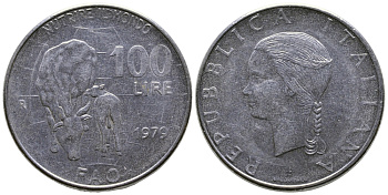 Италия 100 лир 1979 R, FAO, корова с теленком KM 106 нержавеющая сталь 85-256