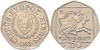 Кипр 50 центов 1993 похищение Европы KM 66 медно-никель    4595-945