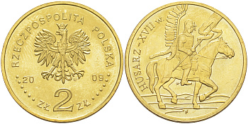 Польша 2 злотых 2009 MW, серия история Польской кавалерии, гусар XVII века KM 670 латунь 4114-123