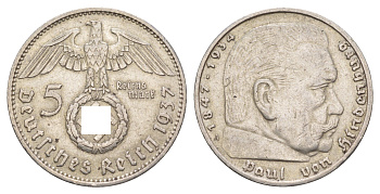 Германия 5 рейхсмарок 1937 A, Гинденбург, символика KM 94 серебро 1518-923
