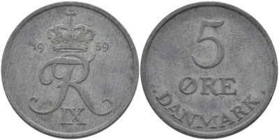 ДАНИЯ 5 ЭРЕ 1959 C; S, ФРЕДЕРИК IX (1947-1972) KM 843.2 цинк 38-415