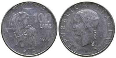 Италия 100 лир 1979 R, FAO, корова с теленком KM 106 нержавеющая сталь 85-256