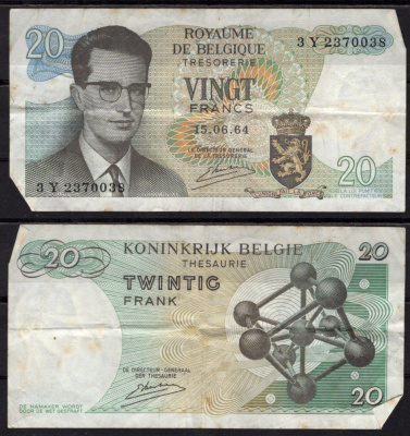 Бельгия 20 франков 1964 Бодуэн I; Атомиум, Брюссель Pick 138 (3) бумага 7548-115-1-2