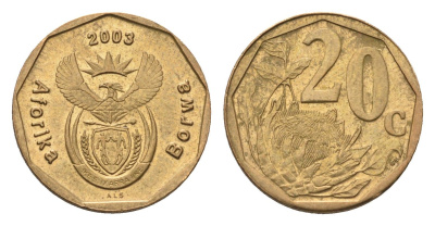 ЮАР 20 центов 2003 герб, цветок протея KM 327 сталь плакированная бронзой UNC 4690-952