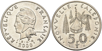 Французская Новая Каледония 50 франков 2000 хижина среди сосен и пальм, (IEOM) KM 13, Schoen 15, Lec 121 никель 4123-731