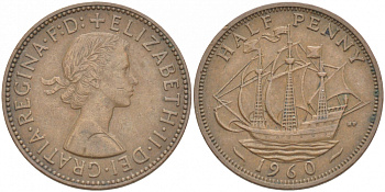 Великобритания 1/2 пенни 1960 Елизавета II (1952-2022) KM 896, Spink 4158 бронза 212-1225