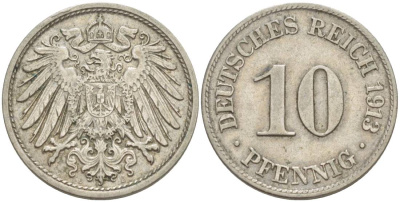 Германия 10 пфеннигов 1913 D KM 12, Jager 13, Weege 8 медно-никель 219-232