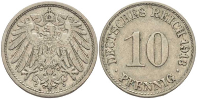 ГЕРМАНИЯ 10 ПФЕННИГОВ 1913 A KM 12, J. 13 медно-никель 33-714