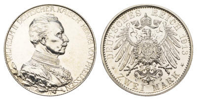 Пруссия 2 марки 1913 A, Вильгельм II (1888-1918), 25 лет правления (мундир) Weege 111, J. 111, KM 533 серебро PROOF 00-817-52