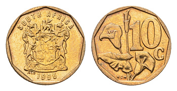 ЮАР 10 центов 1996 герб, цветок алоэ KM 161 сталь плакированная бронзой UNC 4694-727