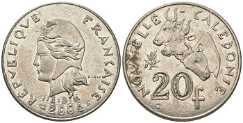 Французская Новая Каледония 20 франков 2004 три быка, (IEOM) KM 12, Schoen 14, Lec 115h никель 81-724