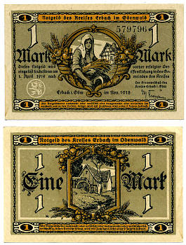 ЭРБАХ 1 МАРКА 1918 НОЯБРЬ 1918 - 1 АПРЕЛЯ 1919, НОТГЕЛЬД, ЗЕМЛЯ ГЕССЕН Geiger 135.01 бумага 2193-9-1-2