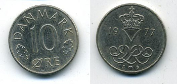 ДАНИЯ 10 ЭРЕ 1977 S; B, МАРГРЕТЕ II (1972-) KM 860.1 медно-никель 54-1155