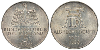 ФРГ 5 МАРОК 1971 D, 500 ЛЕТ СО ДНЯ РОЖДЕНИЯ АЛЬБРЕХТА ДЮРЕРА KM 129, J. 410 серебро 413-4422