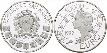 Сан-Марино 10000 лир 1997 Европейский союз "Либертас" KM 372 серебро PROOF 02-227-15