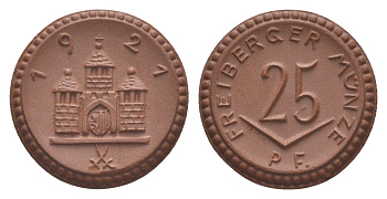 Фрайберг 25 пфеннигов 1921 Men05 8084.5, Men18 10080.5, Scheuch 117 фарфор 1094-9-65