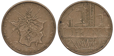 Франция 10 франков 1984 тип Матье KM 940, Le Franc 365.23-24 никель латунь 4144-1213